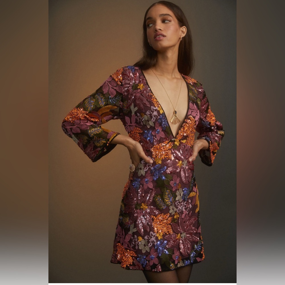 Anthropologie Sequined Embroidered Mini Dress